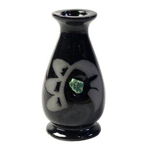 Signed Studio Black Pottery Bud Vase Bird Motif Turquoise Stone Southwest Style